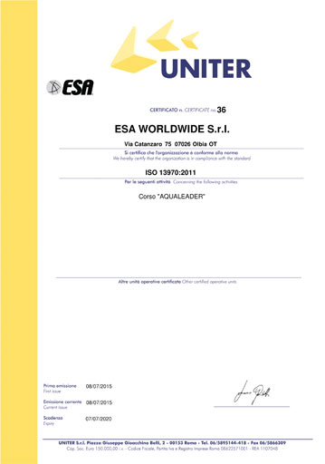 Rinnovo certificazioni ISO e certificazione del corso ESA Aqualeader